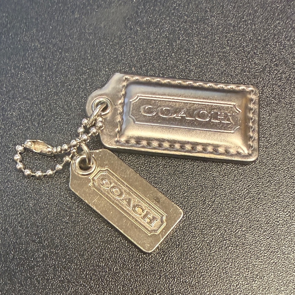 Coach Metallic Silver Leather and Metal Tag Key Fob